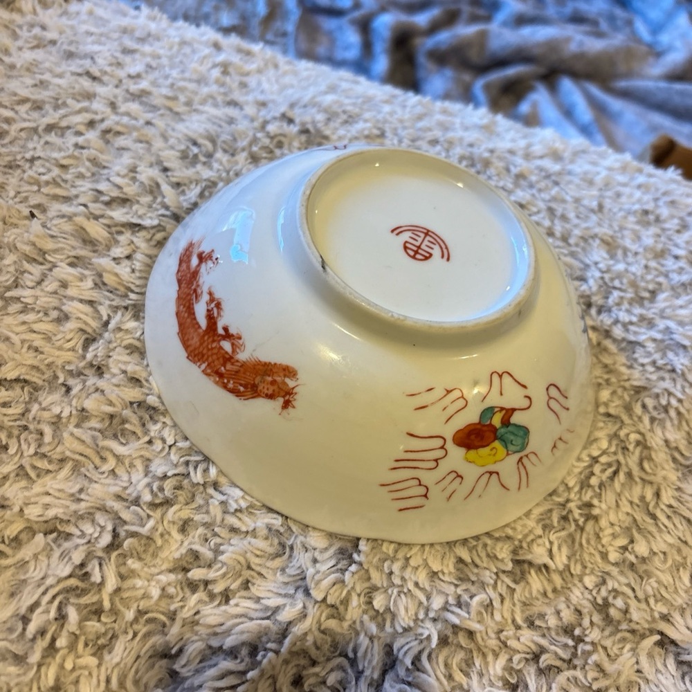 Vintage Chinese Porcelain Bowl Dragon Phoenix‎ White 4.5 Inch Good Hand Painted